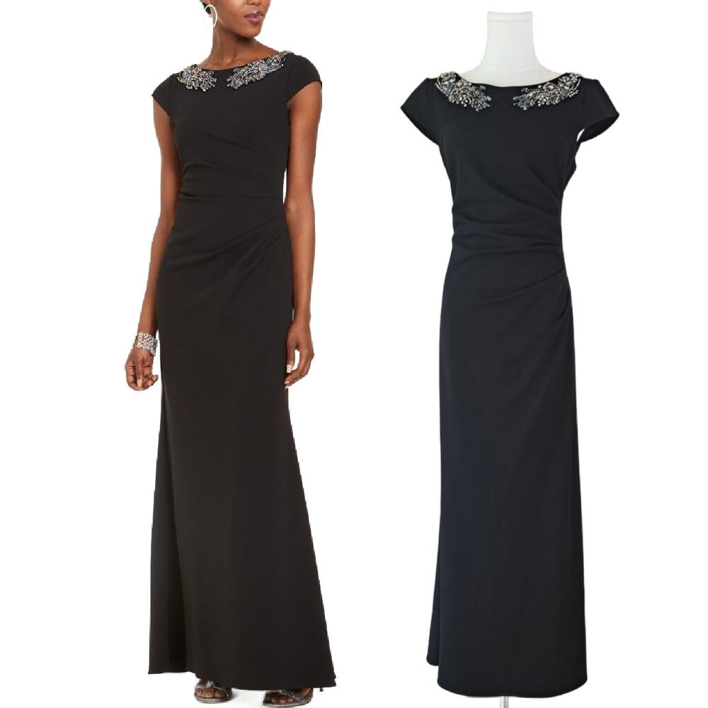Adrianna Papell Black Embellished Sheath Formal Gown Size 8 Cap Sleeve Dress